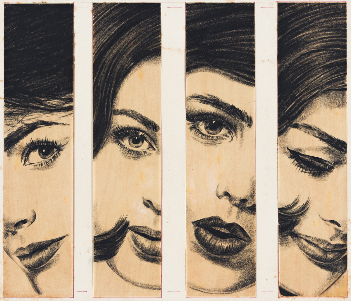 4 thin vertical drawings showing closeups of woman's face 