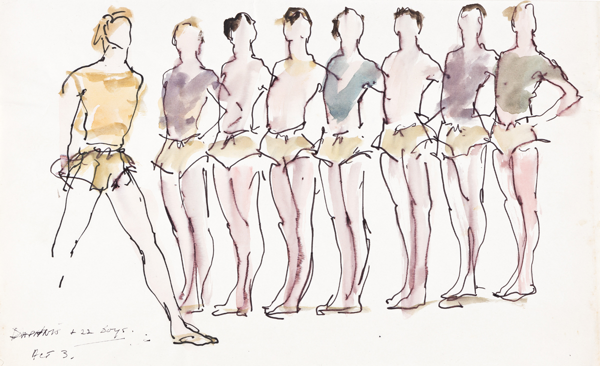 watercolor of group of dancers in a line