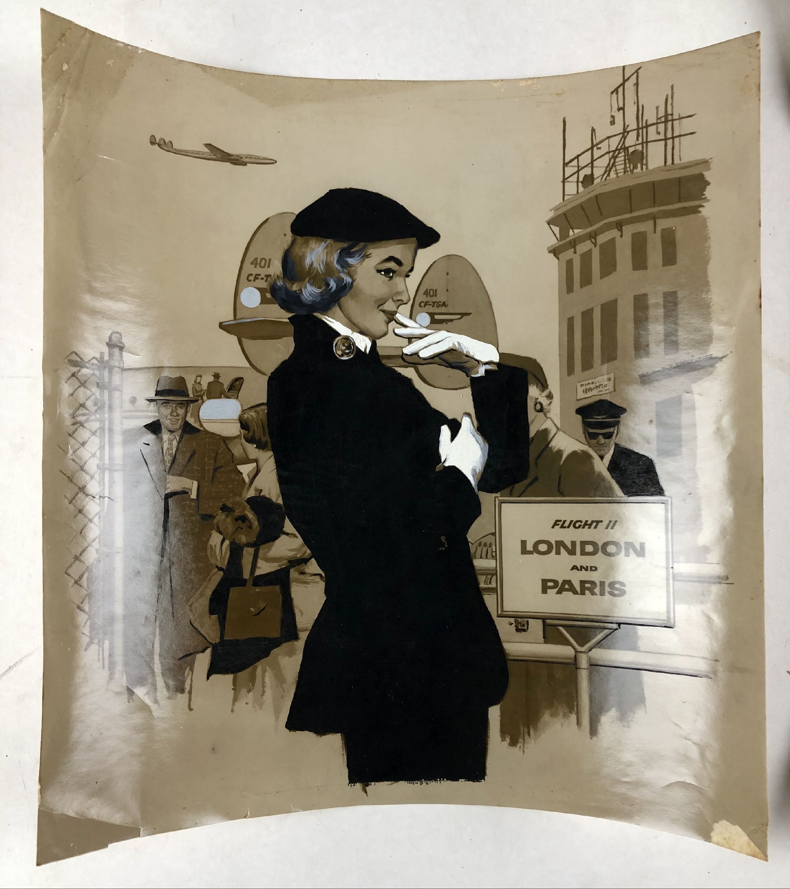 mechanical reproduction of illustration with applied handwork featuring well-dressed woman outside airport