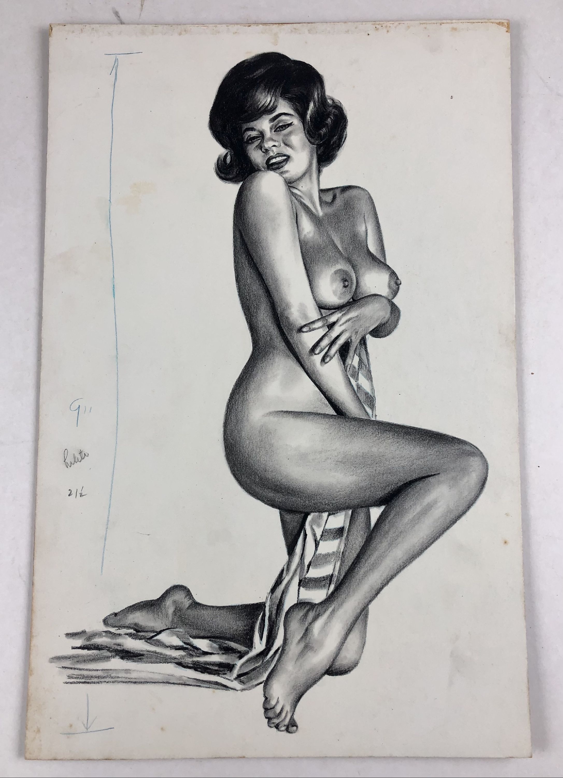 kneeling nude woman displaying breasts and clutching sheet between her legs