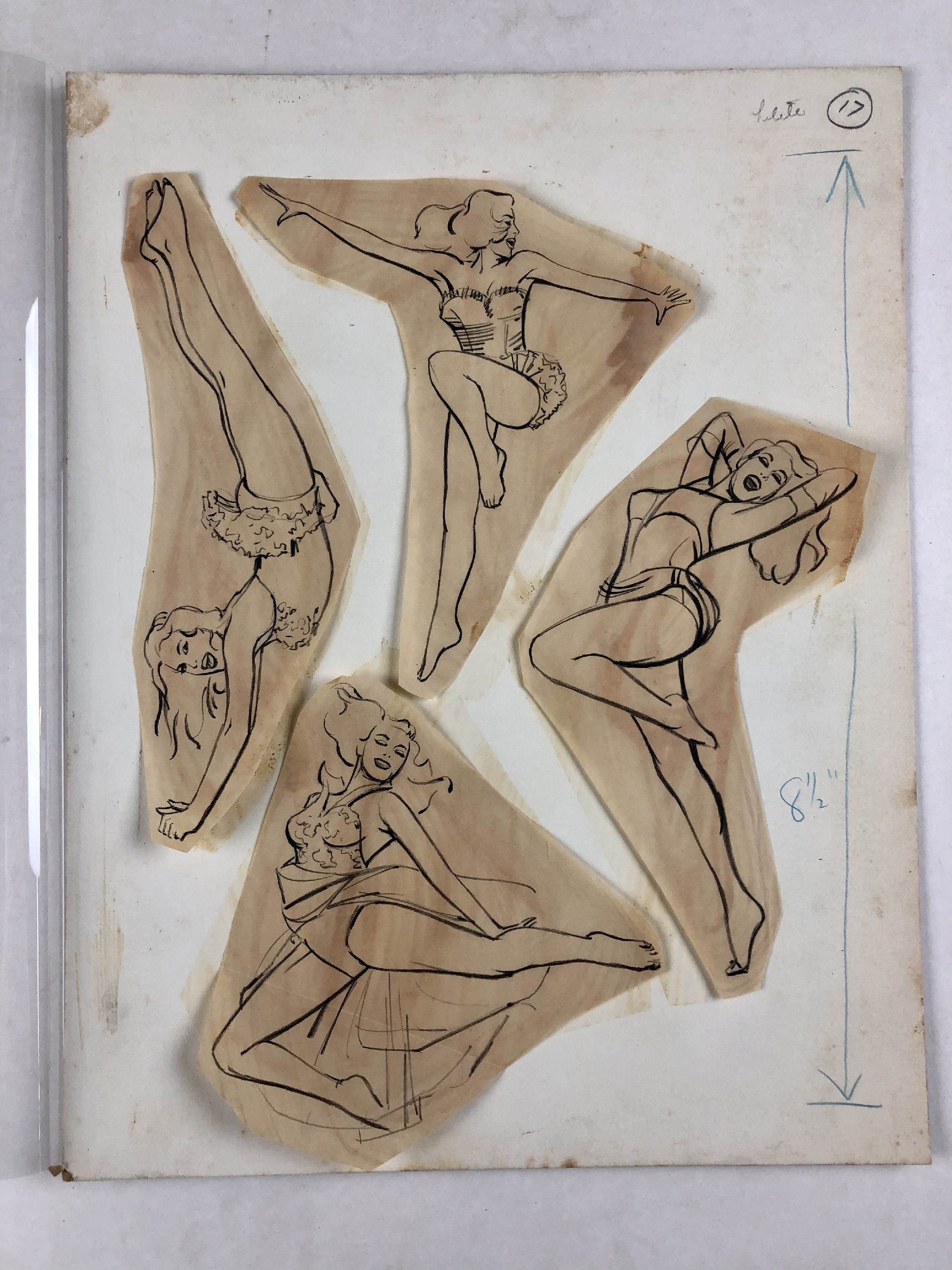 4 cutouts of charcoal sketches on onion skin featuring woman dancing