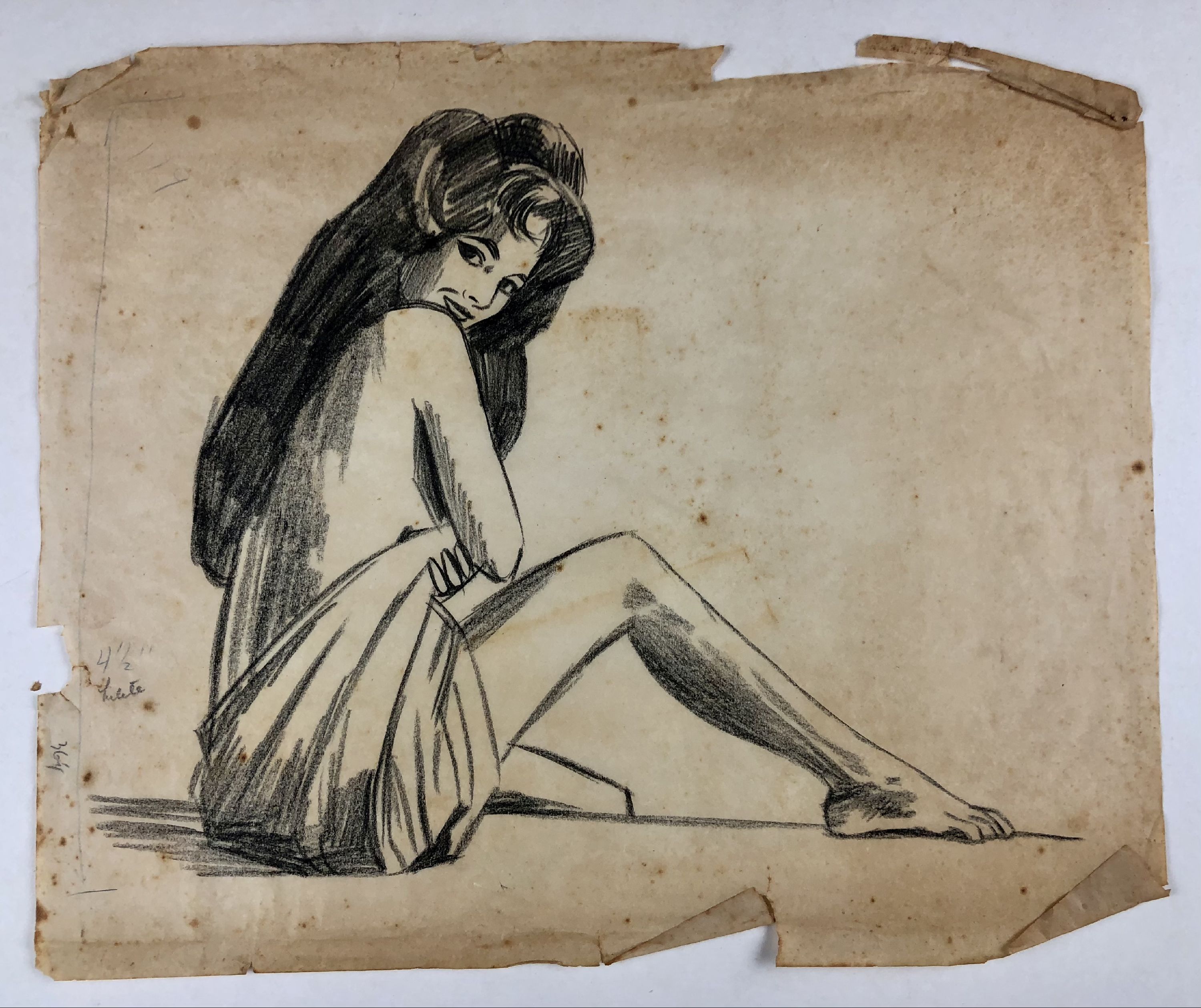 preliminary charcoal sketch of seated woman with long dark hair covering herself with fabric