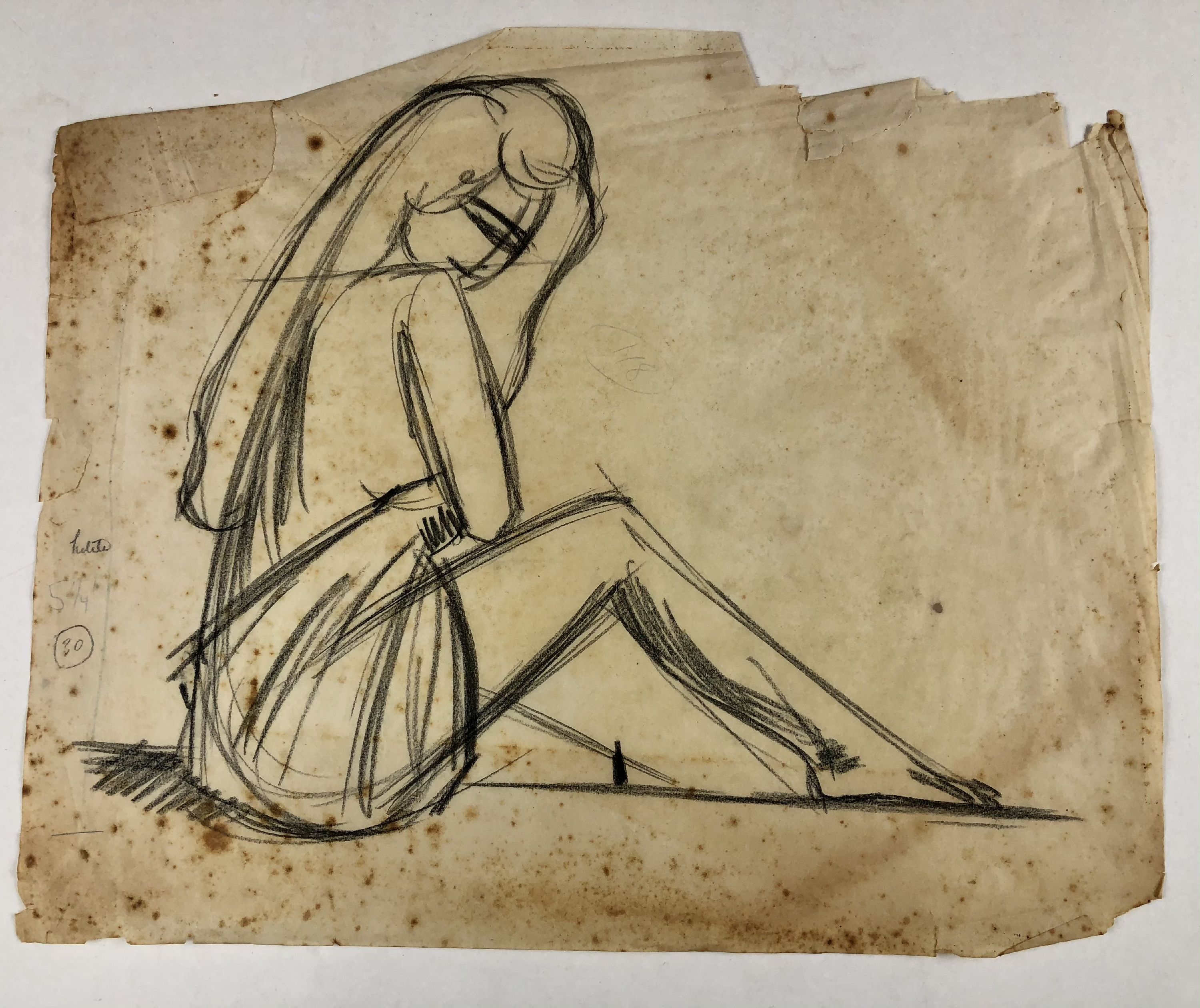 very preliminary charcoal sketch of seated woman with long hair covering herself with fabric