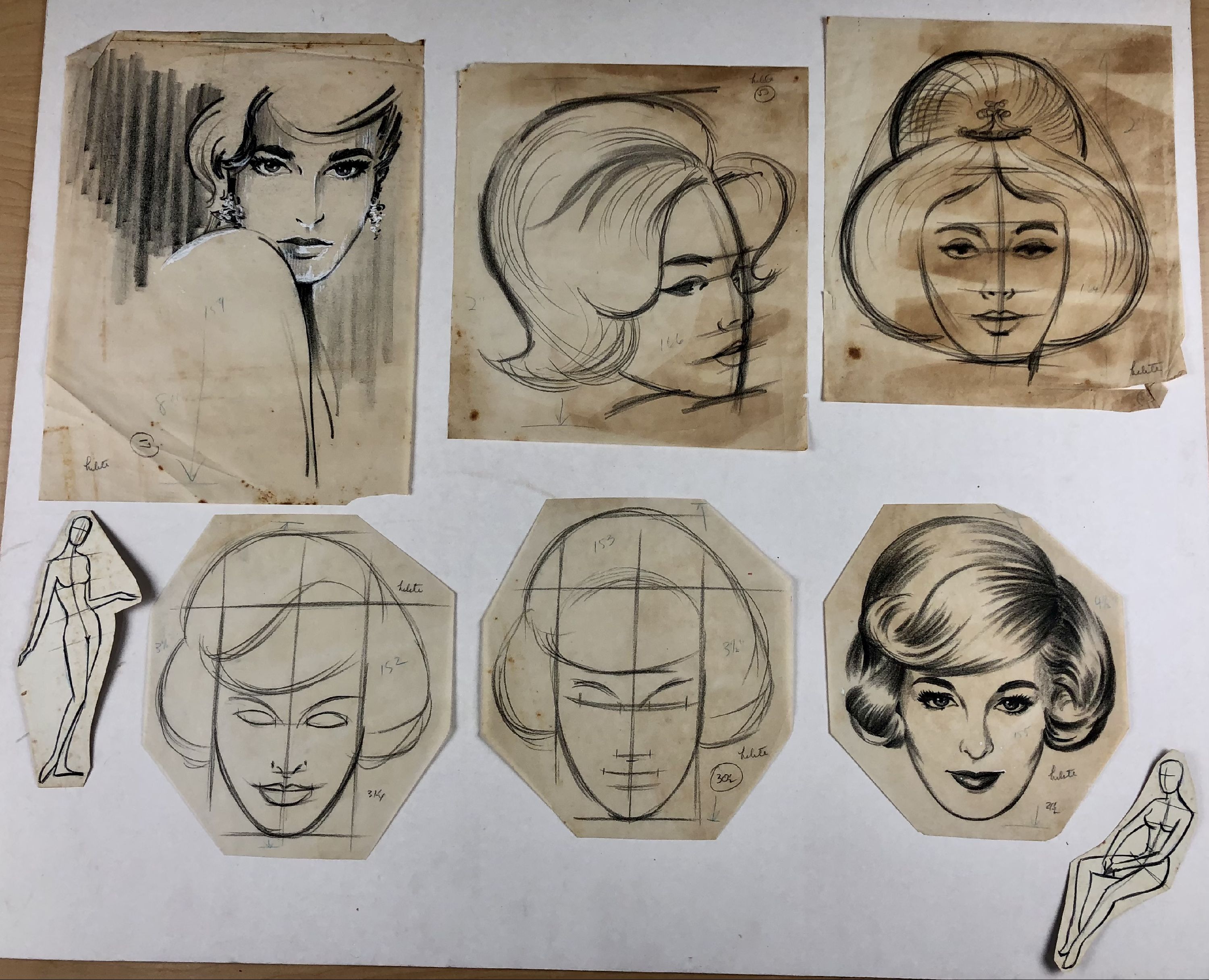 group of 8 cutouts of charcoal sketches - 6 featuring woman's head and profile, and 2 basic full-length figure studies