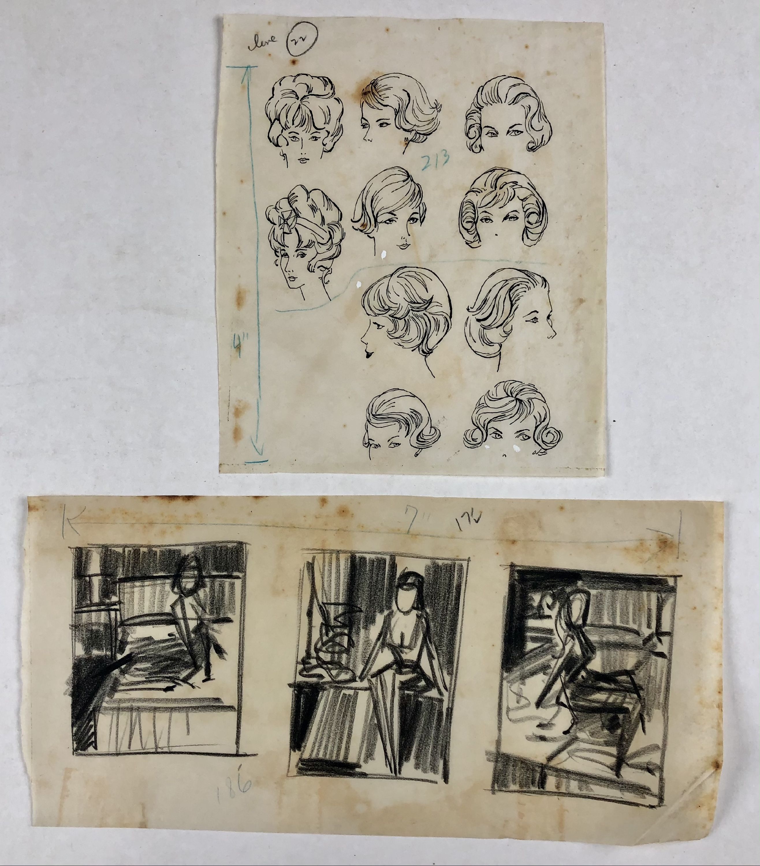 1 small sheet featuring 10 ink studies of face and hair of various women; 1 small sheet of 3 rough charcoal sketches of woman seated on bed