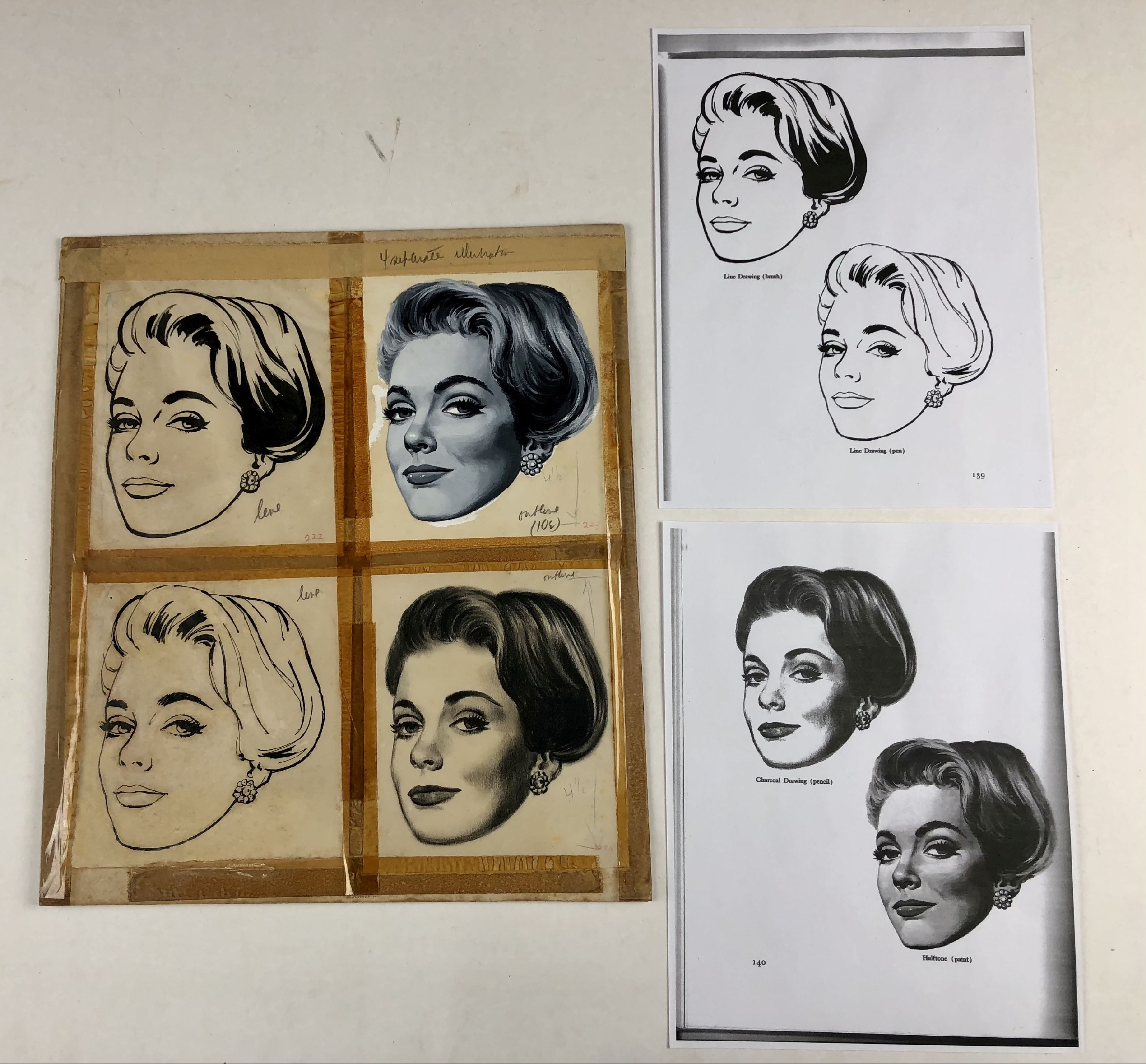 sheet with 4 studies of woman's face in progressive states of completion; 2 sheets showing mechanical reproductions of studies
