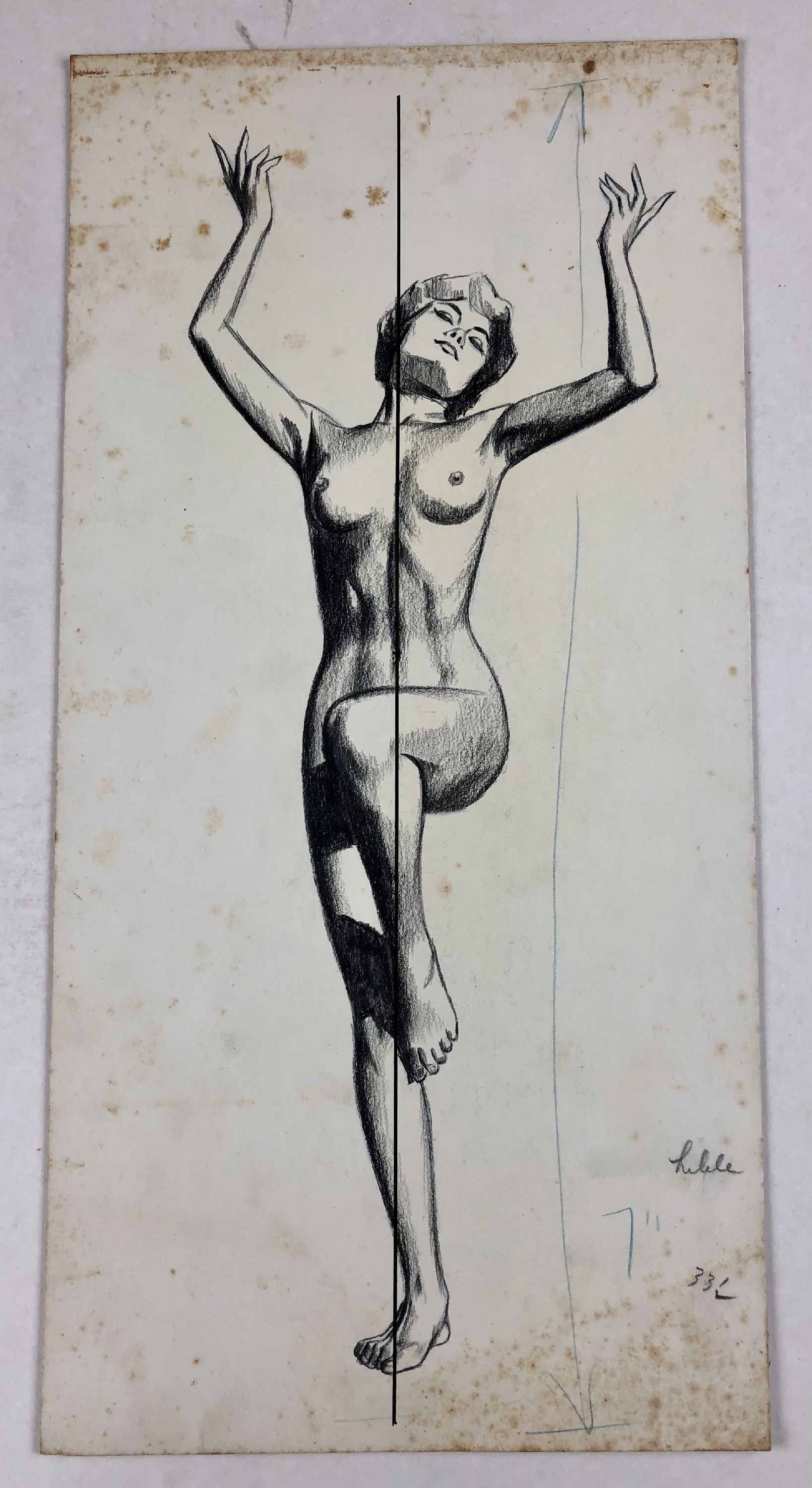 nude woman standing on one leg and raising arms in air
