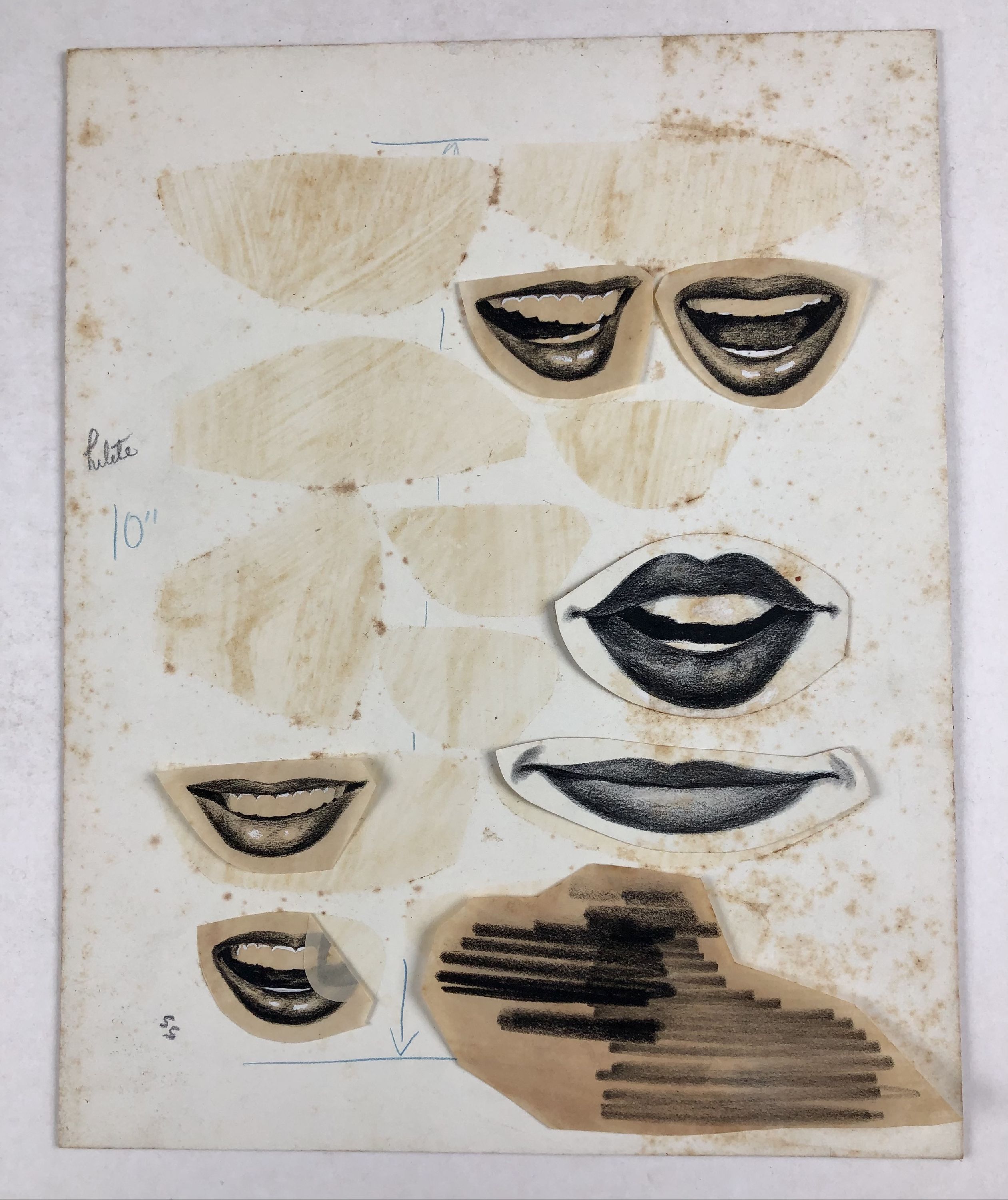 6 close-up charcoal studies of mouths collaged onto board. discolorations to board indicate that several pieces missing