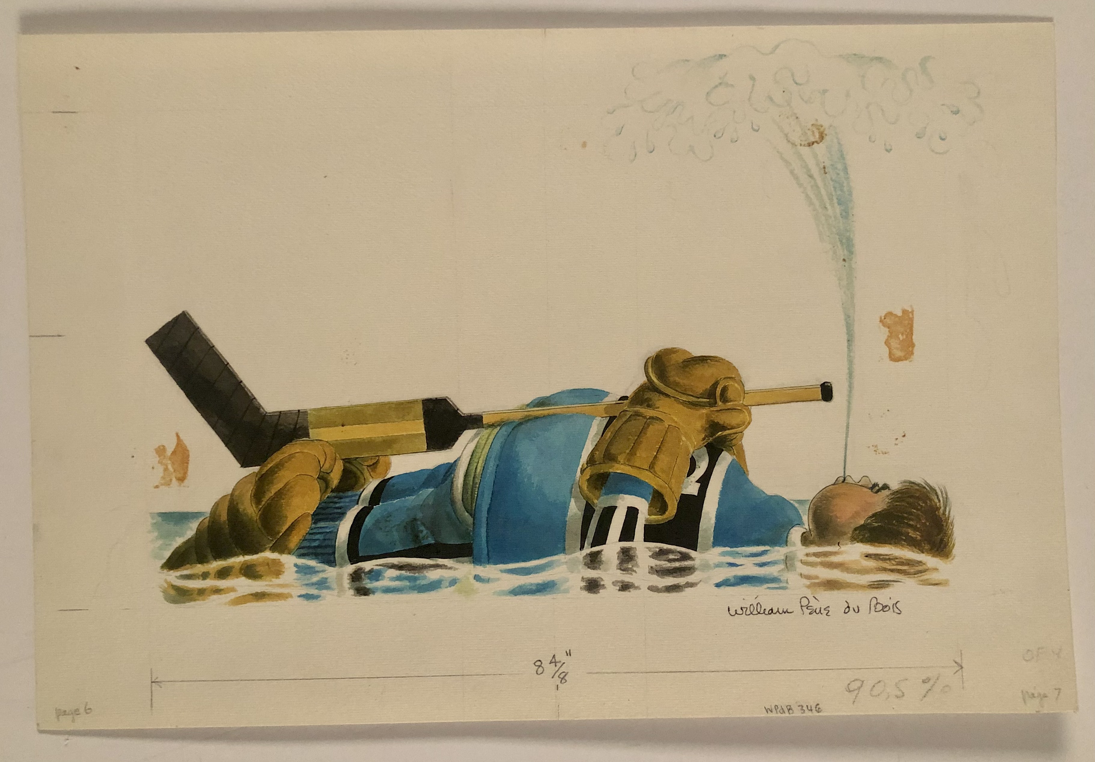 Porko in goalie gear lying on back and spitting water