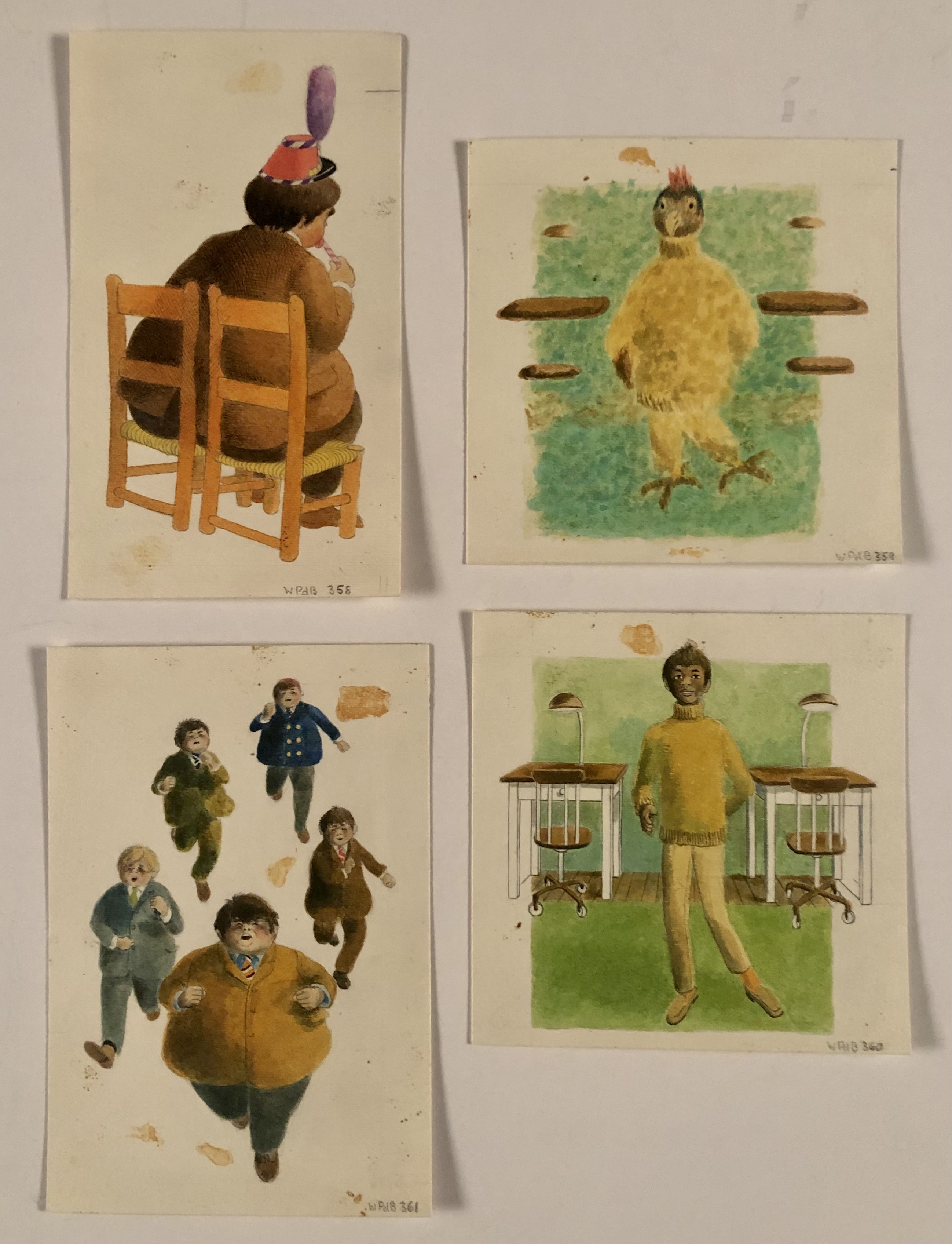 4 images - Porko eating; boy dressed as chicken; boys running; Porko's classmate standing between desks