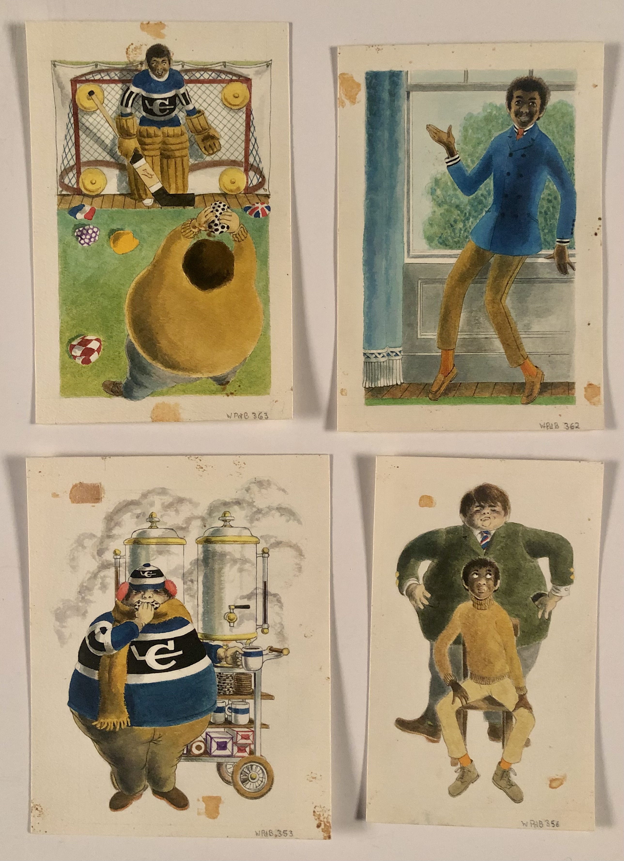 4 images - Porko and goalie; man leaning against window; Porko at hot chocolate cart; Porko standing above classmate