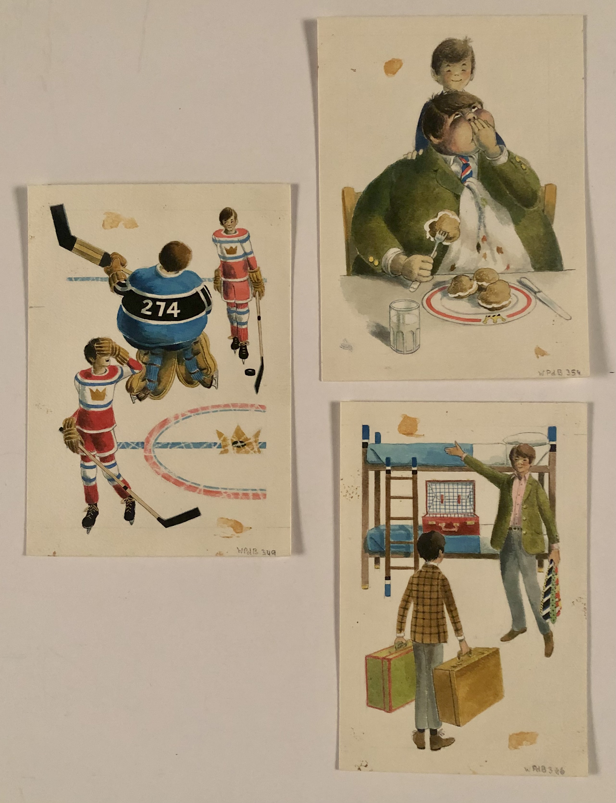 3 images - Porko playing hockey; Porko eating; and boys standing hear bunk bed