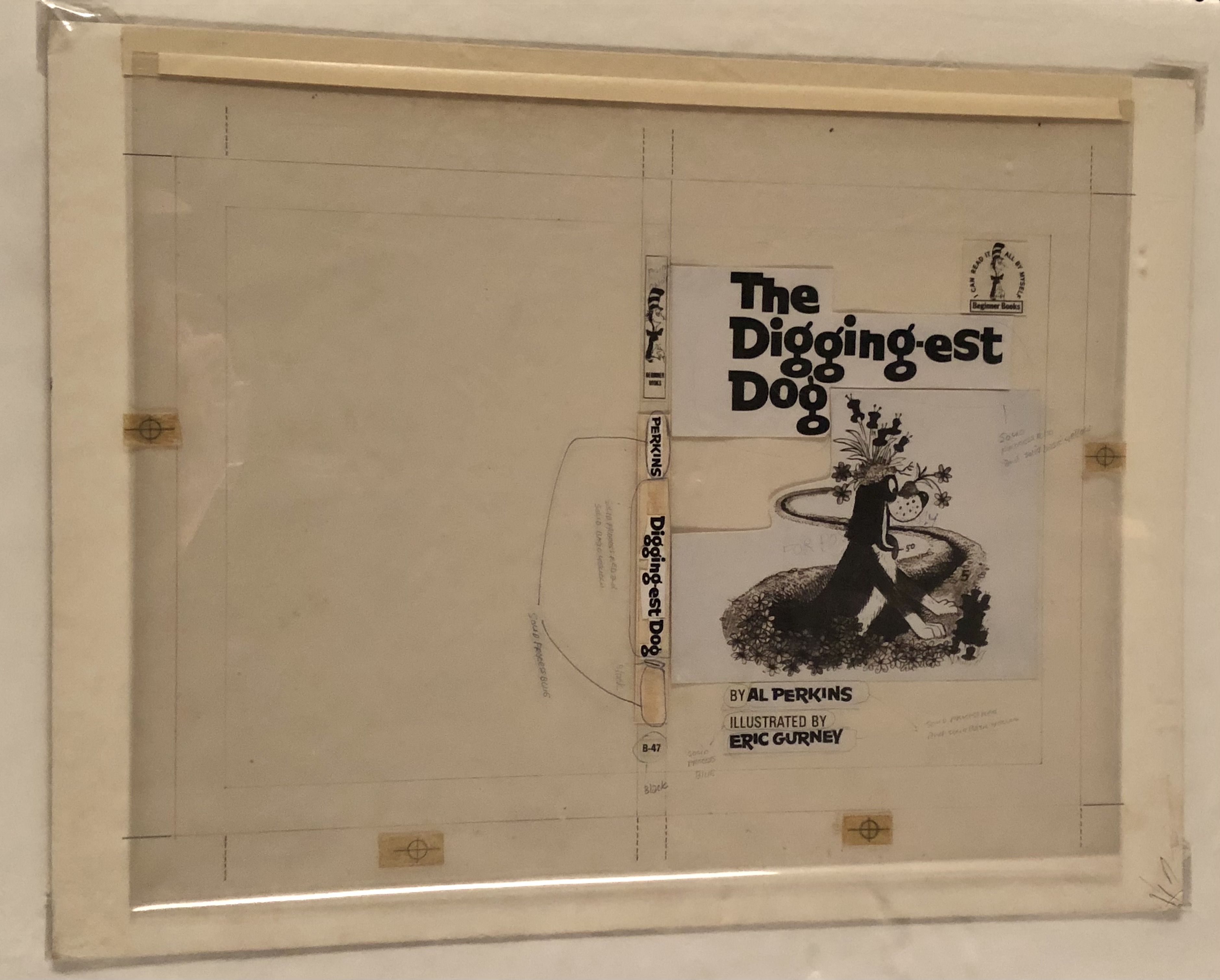 "The Digging-est Dog" jacket mock-up with pastedowns