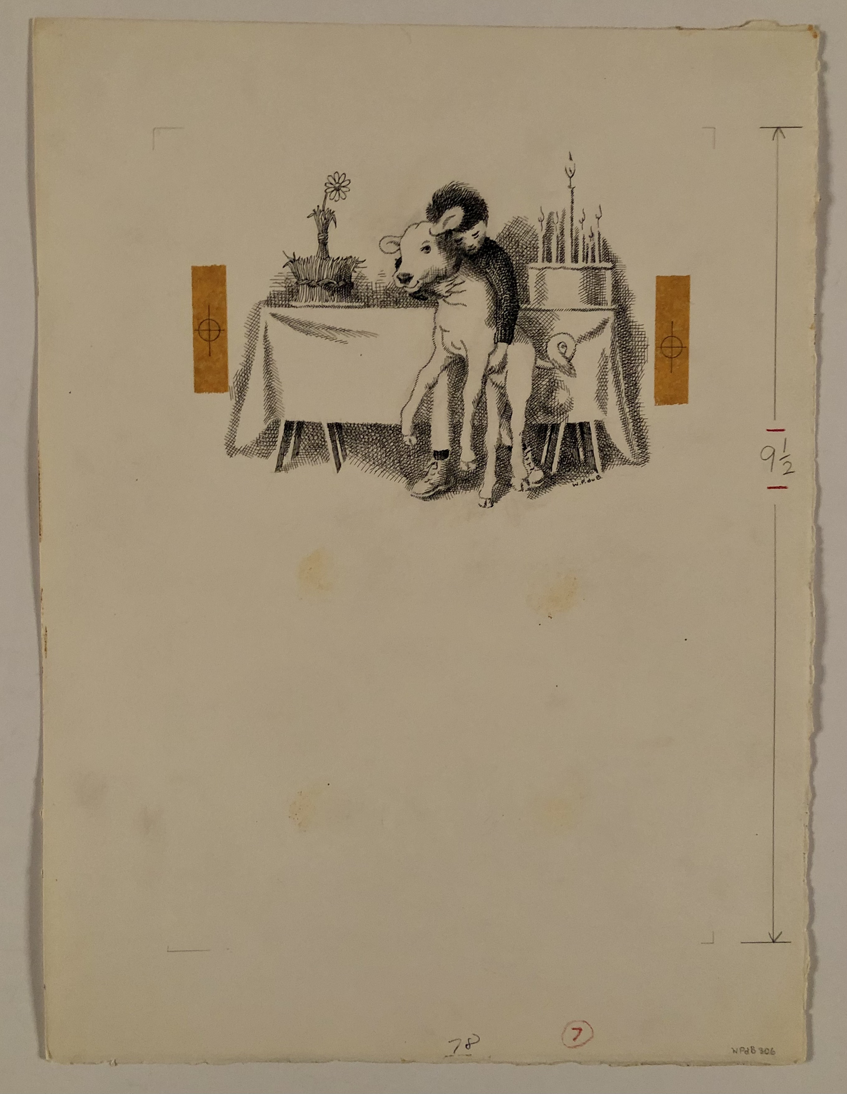 boy hugging young cow next to table with cakes
