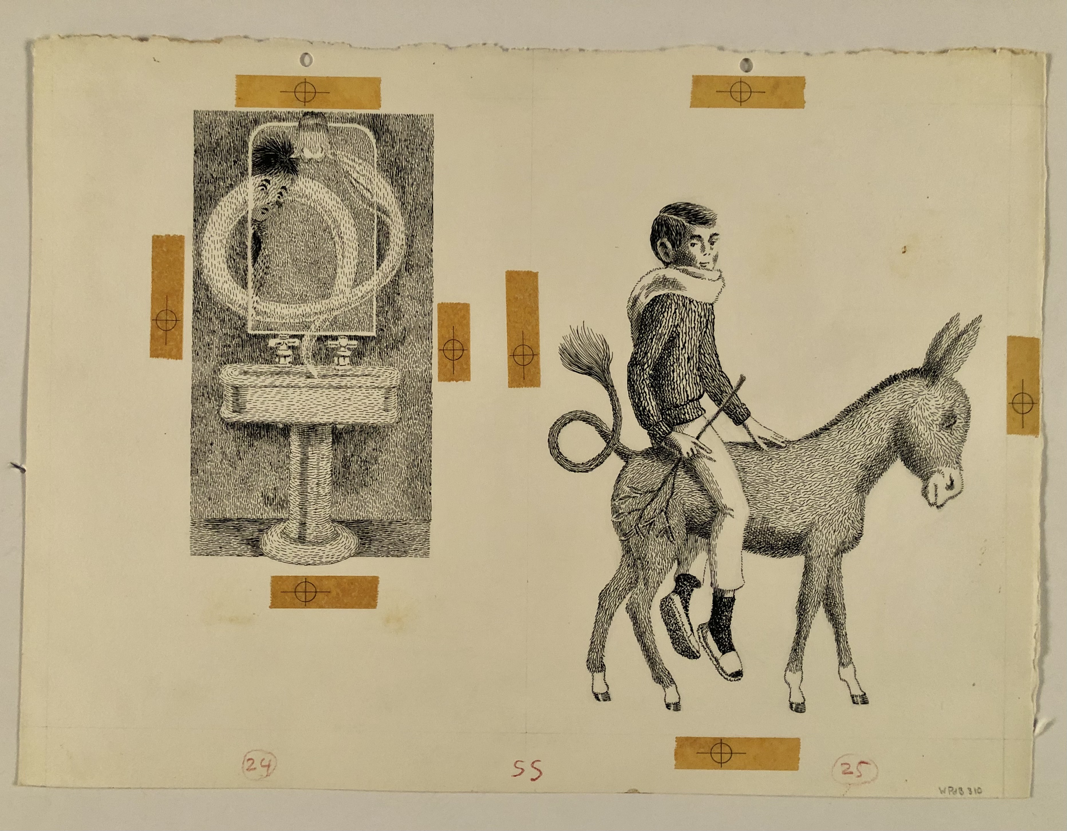young man's face appears in mirror and young man rides a donkey