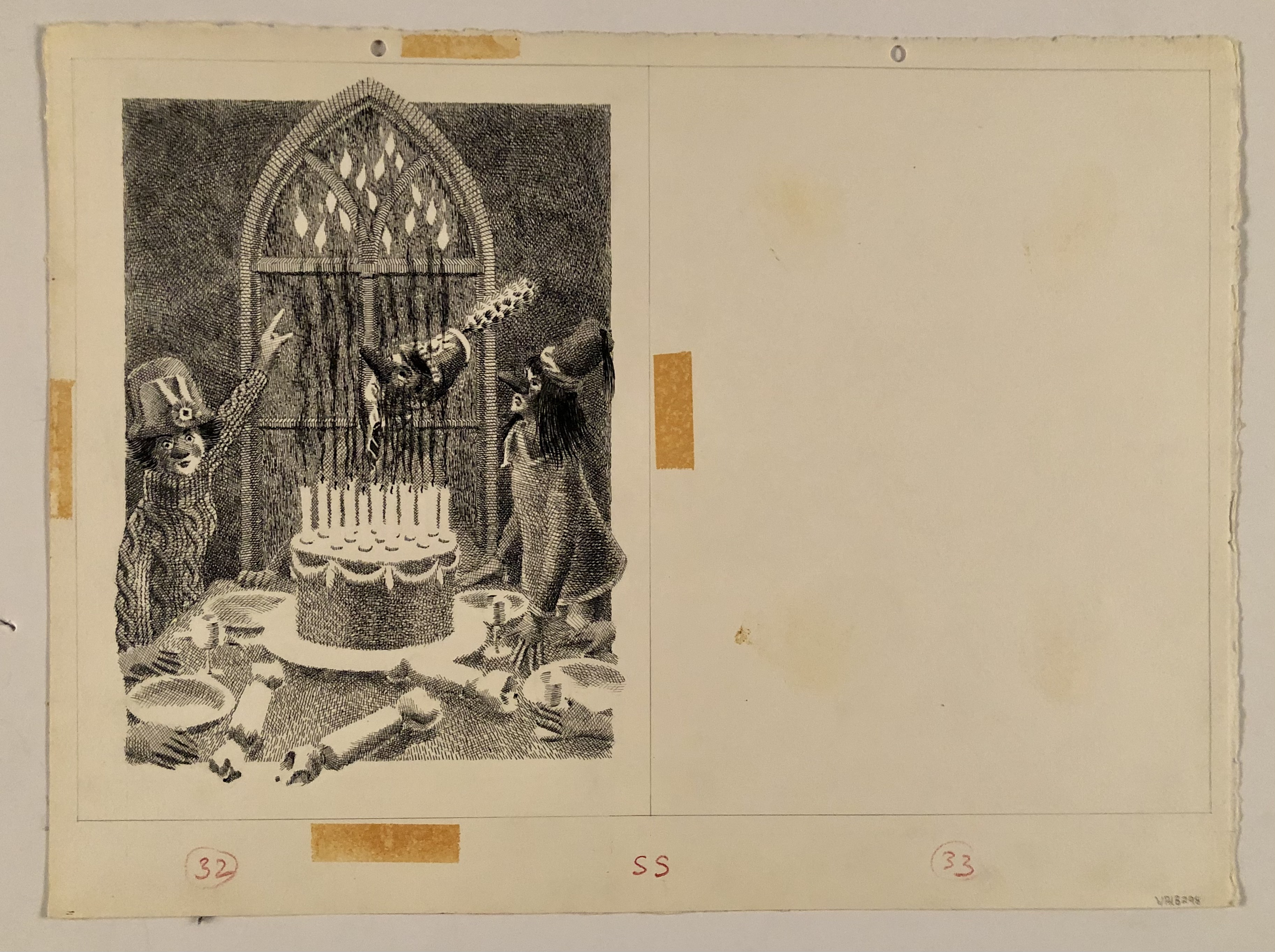 3 figures around cake pointing to flames floating above candles
