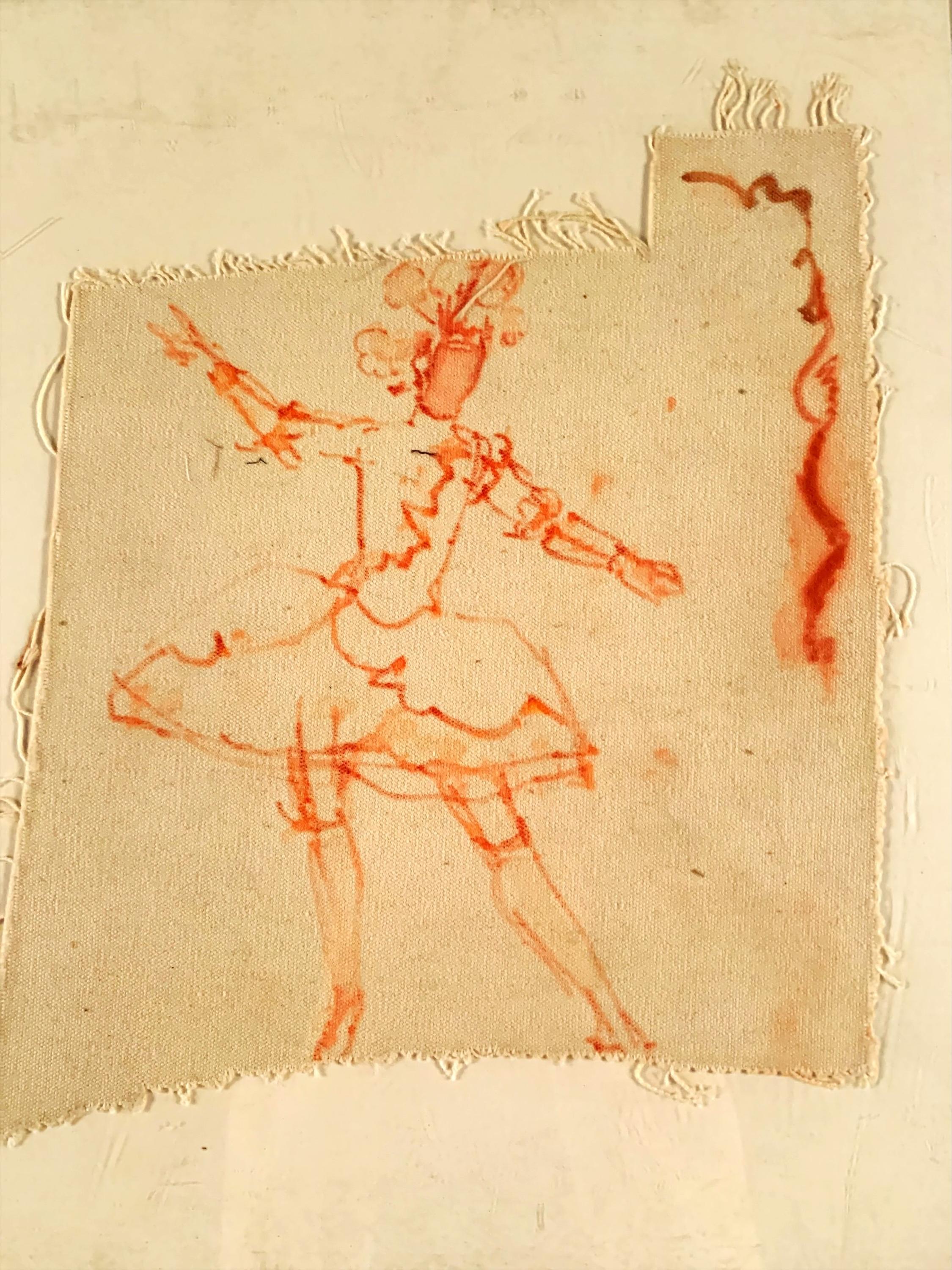 sketch of costumed dancer in headdress with arms outstretched