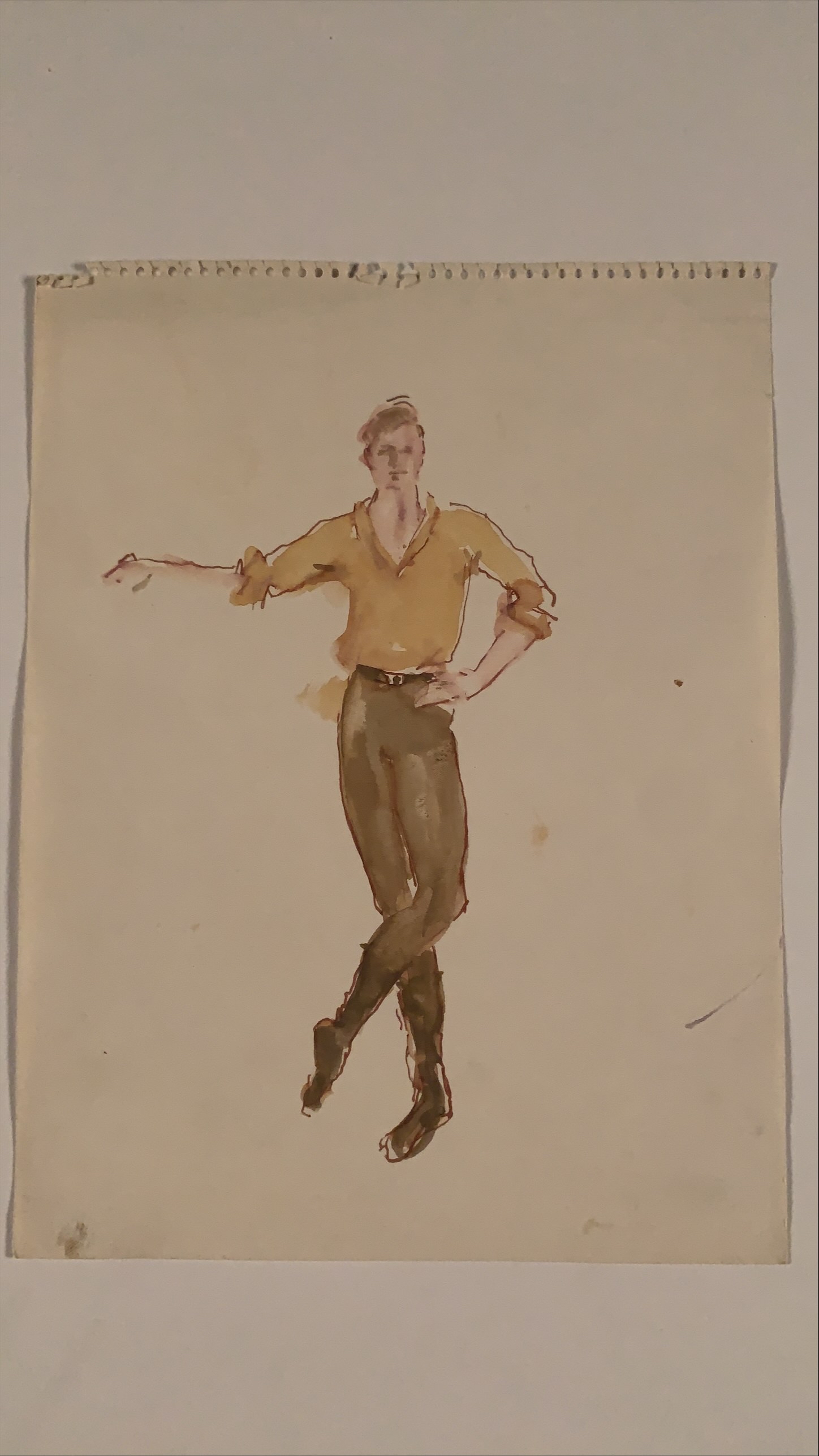 watercolor of male dancer standing with crossed legs and with one arm outstretched and other on hip