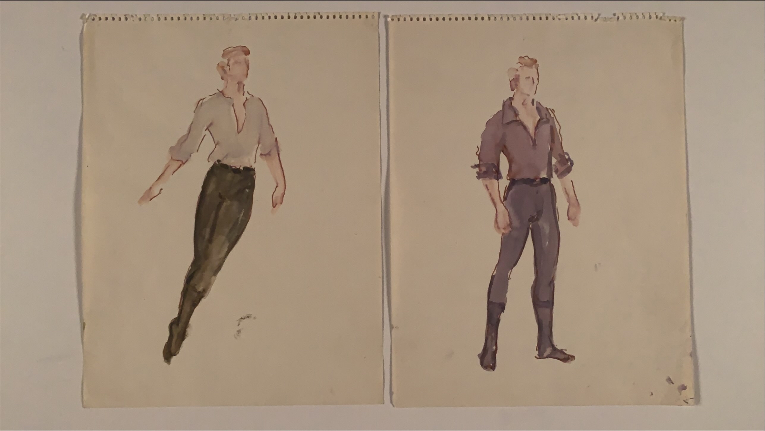 two watercolors of male dancers - one leaping and one standing