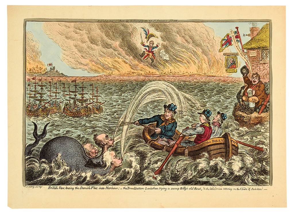 James Gillray, British Tars, towing the Danish Fleet into Harbour, hand-colored etching, London, 1807.