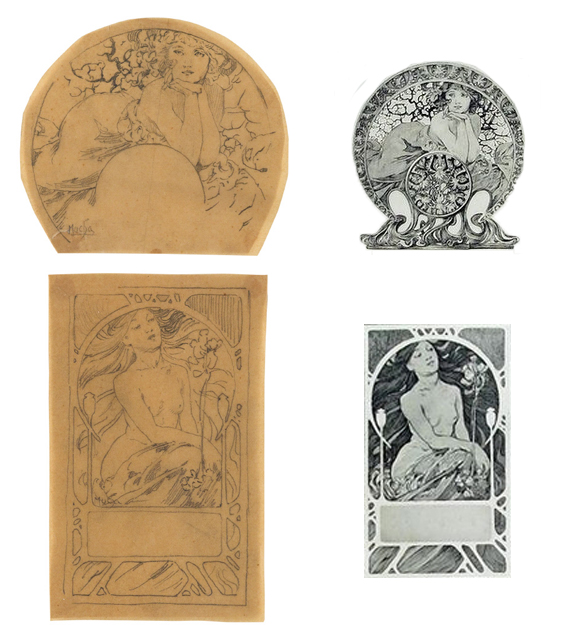 Left: Lot 148: Preparatory sketches for Documents Decoratifs, plate 68 (top) and 43 (bottom), circa 1902. Estimate $2,000 to $3,000. Right: Finished images of Plates 68 and 43. Courtesy Christian Richet.