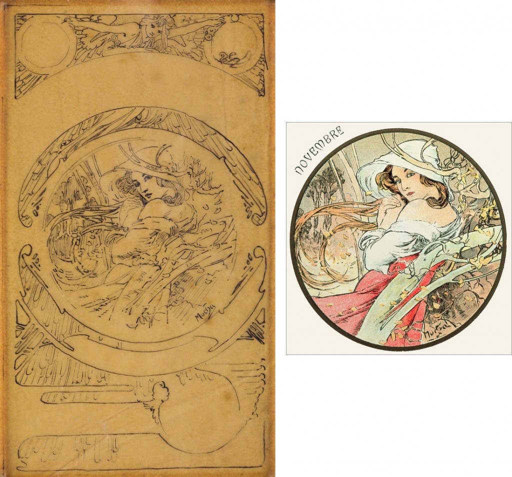 Left: Lot 149: Le Mois / Novembre, pen and ink preparatory sketch, circa 1899. Estimate $1,500 to $2,000. Right: Le Mois Novembre, postcard, circa 1900. Courtesy Christian Richet.