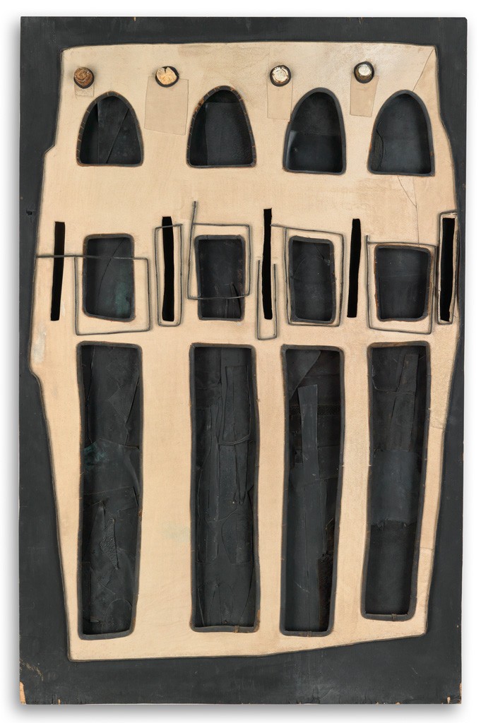 Lot 96: Noah Purifoy, Untitled (Wall Piece Assemblage), painted plywood, leather, suede and champagne corks, circa 1966-68. Estimate $20,000 to $30,000.
