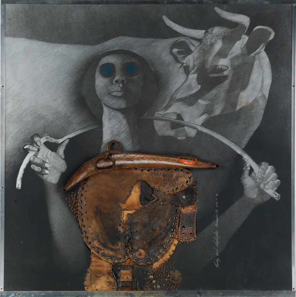 Lot 99: Timothy Washington, Raw Truth, engraving on aluminum with assemblage including cast iron, wood, nails, a zipper and a leather baseball mitt, with hand coloring, 1970. Estimate $15,000 to $25,000.