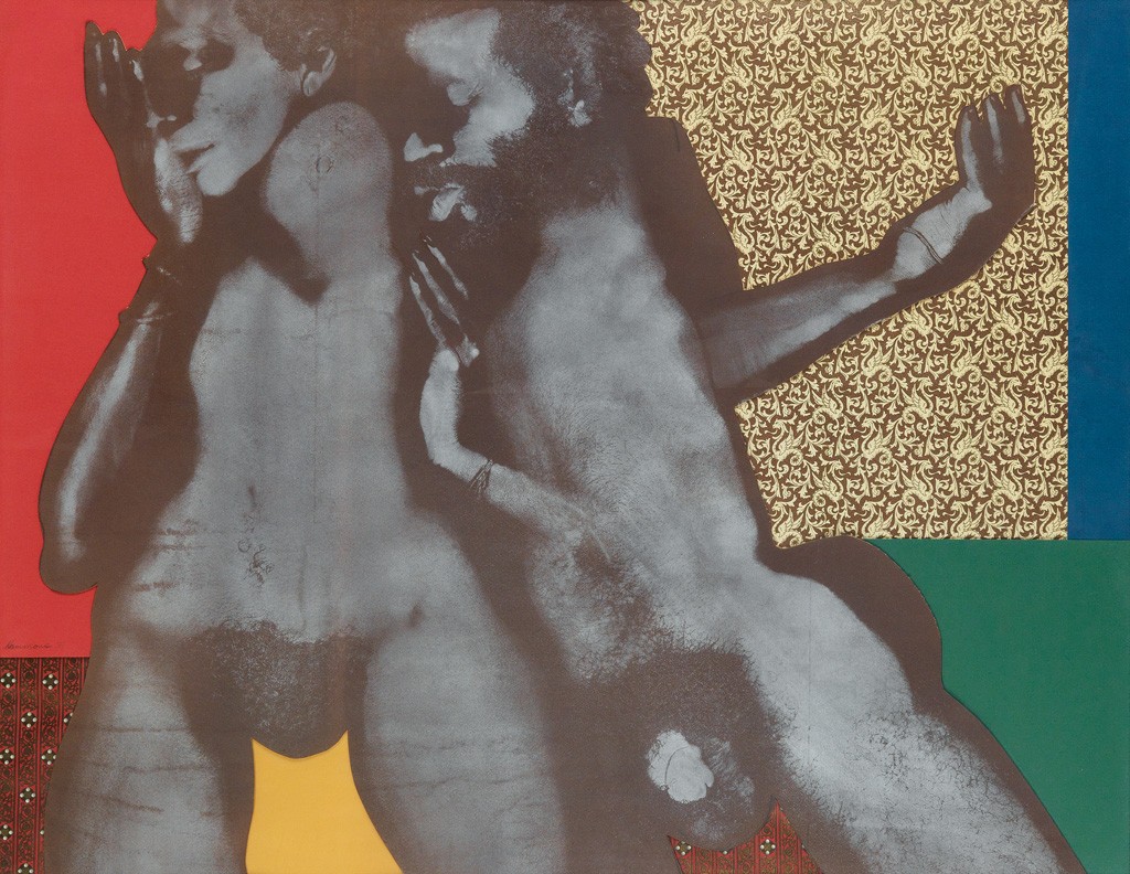 Lot 102: David Hammons, Untitled (Double Body Print Collage), pigment and ink with printed paper collage, 1976. Estimate $200,000 to $300,000.