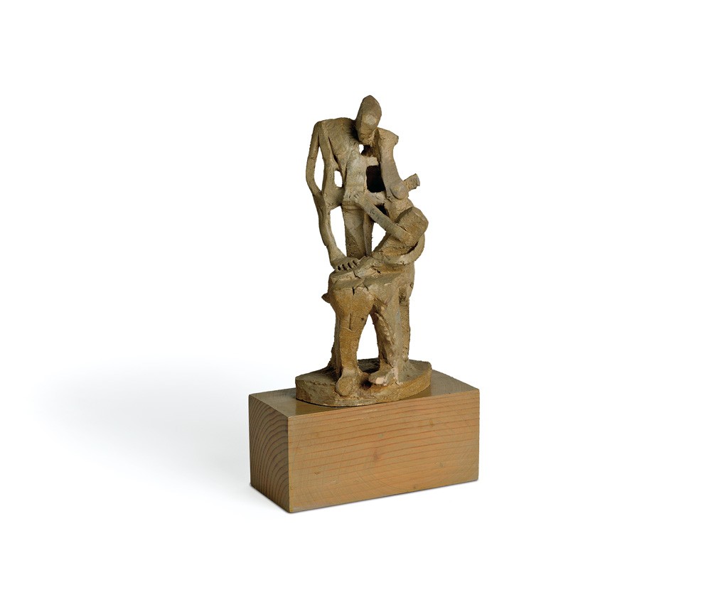Lot 84: John T. Riddle, Jr., Mother and Child, glazed fired clay mounted on a wood base, circa 1960-65. From the collection of Miriam Matthews. Estimate $3,000 to $5,000.