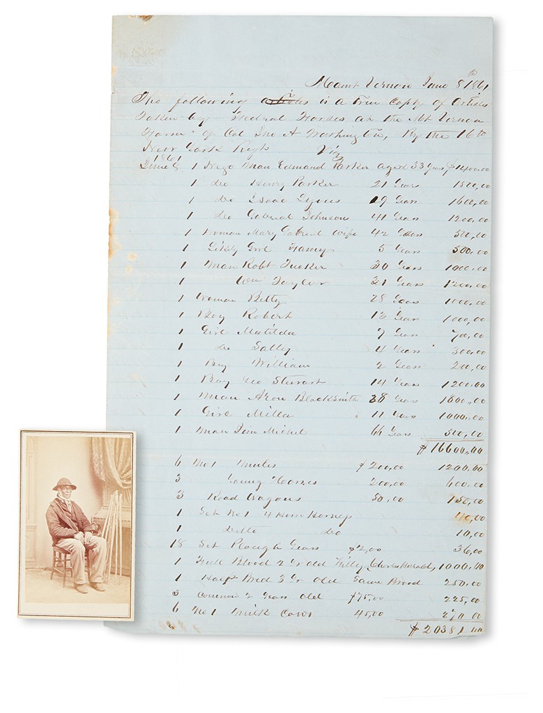 Lot 34: List of property stolen by Union Troops, including slaves, with a photograph of the slave Jim Mitchell, 66, who had been on Mt. Vernon since he was 14 years old, June 8, 1861. Estimate $10,000 to $15,000.