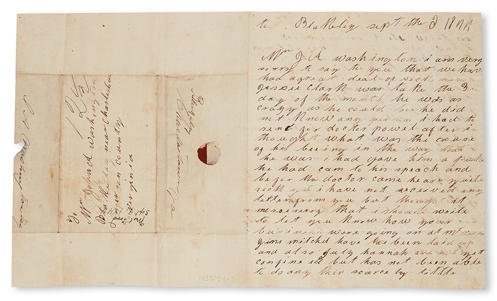 Lot 24: West Ford, Autograph Letter Signed to John Augustine Washington, discussing recent illnesses, September 6, 1844. Estimate $10,000 to $15,000.