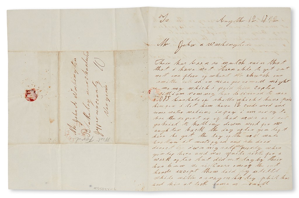 Lot 25: West Ford, Autograph Letter Signed to John Augustine Washington, III, discussing recent weather and events, August 12, 1842. Estimate $10,000 to $15,000.