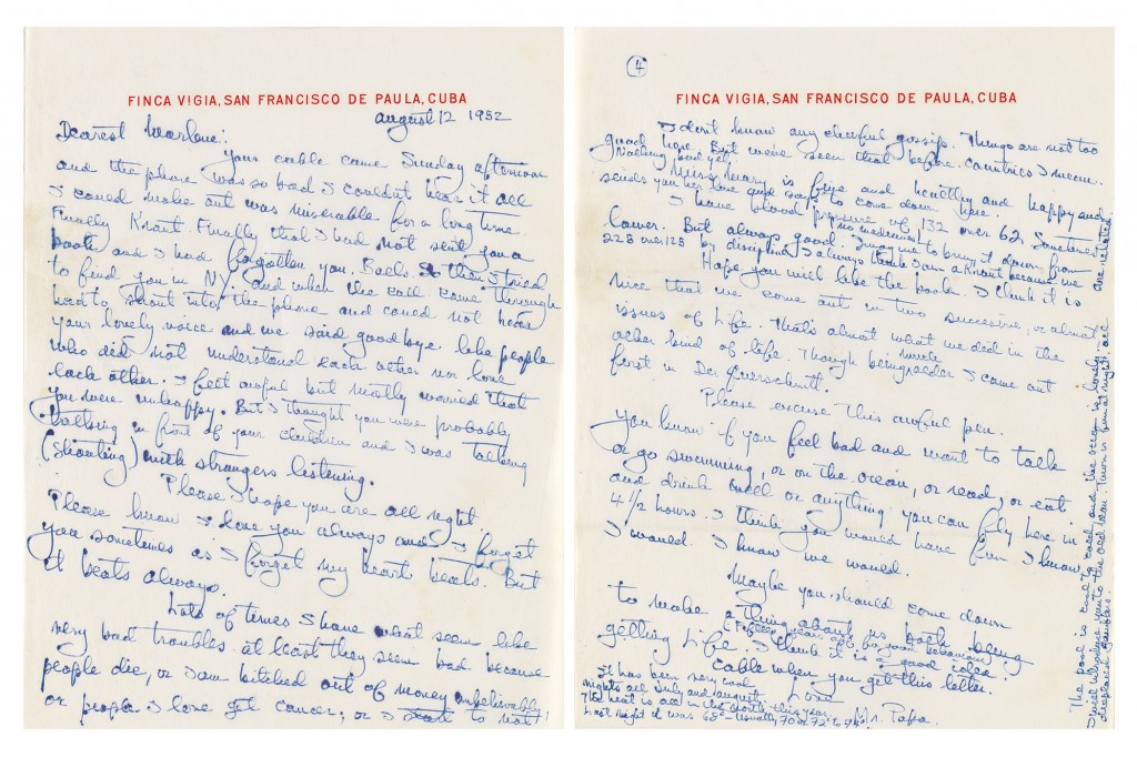 Lot 7: Ernest Hemingway, Autograph Letter Signed "Love / Mr. Papa," to Marlene Dietrich, Cuba, 1952. Estimate $20,000 to $30,000.