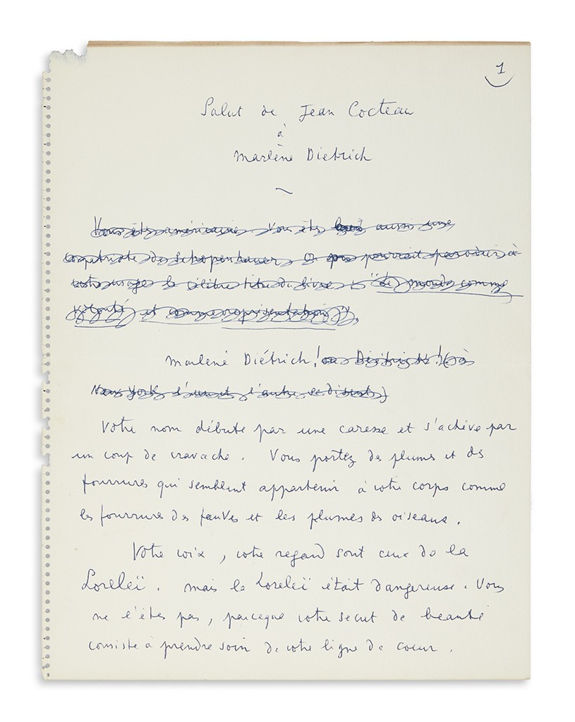 Lot 1: Jean Cocteau, Autograph Manuscript Signed, working draft of his poem, Tribute of Jean Cocteau to Marlene Dietrich, circa 1954. Estimate $4,000 to $6,000.