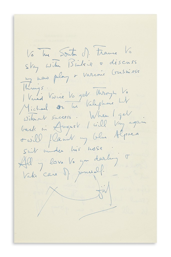 Lot 4: Noël Coward, Autograph Letter Signed to Marlene Dietrich, thanking her for the present of a blue alpaca suit, in French, London, July 13, 1951. Estimate $600 to $900.