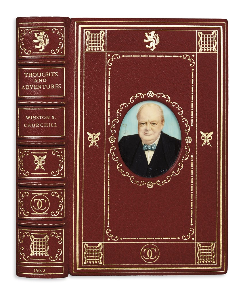 Lot 53: Winston S. Churchill, Thoughts and Adventures, first edition in Cosway style binding, with miniature watercolor portrait on the front cover, London, 1932. Estimate $1,000 to $1,500.