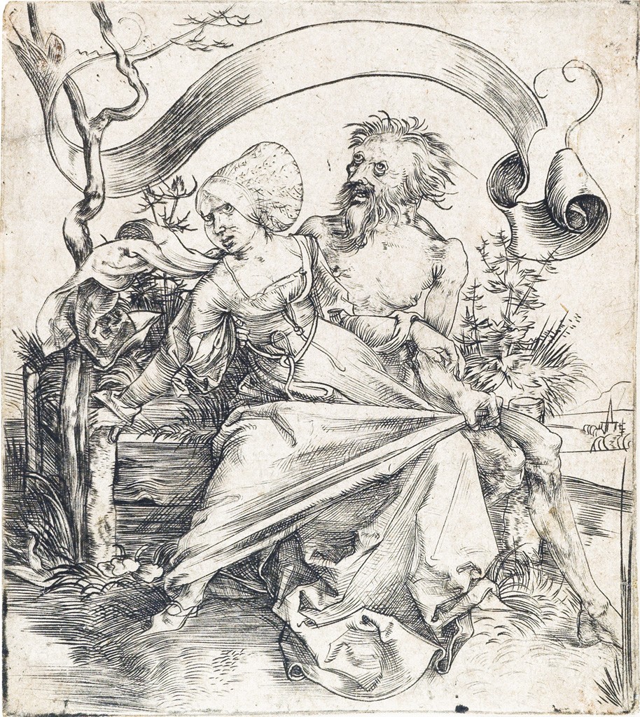 Lot 1: Albrecht Dürer, The Ravisher, or a Young Woman Attacked by Death, engraving, circa 1495. Estimate $7,000 to $10,000.