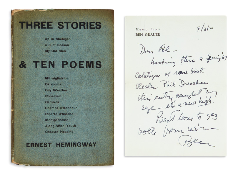 Lot 145, Ernest Hemingway's first book Three Stories & Ten Poems, cover with inscription page