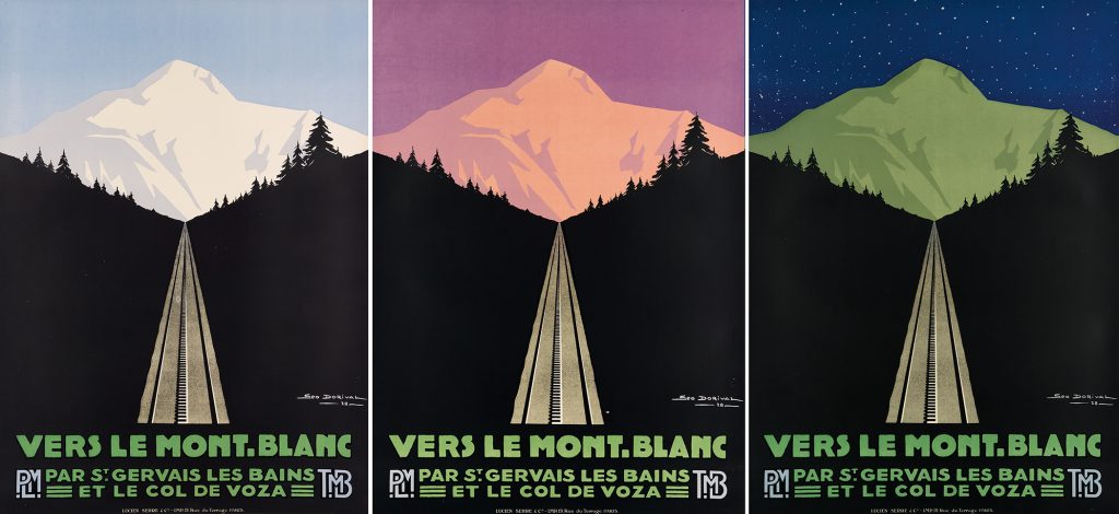 A series of three posters by Georges Dorival of a Mountain scene in blue, purple and dark blue.