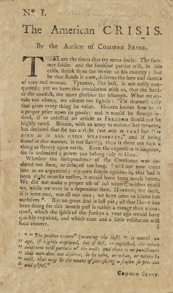 Thomas Paine, The American Crisis, Fishkill, NY, circa December 1776.
