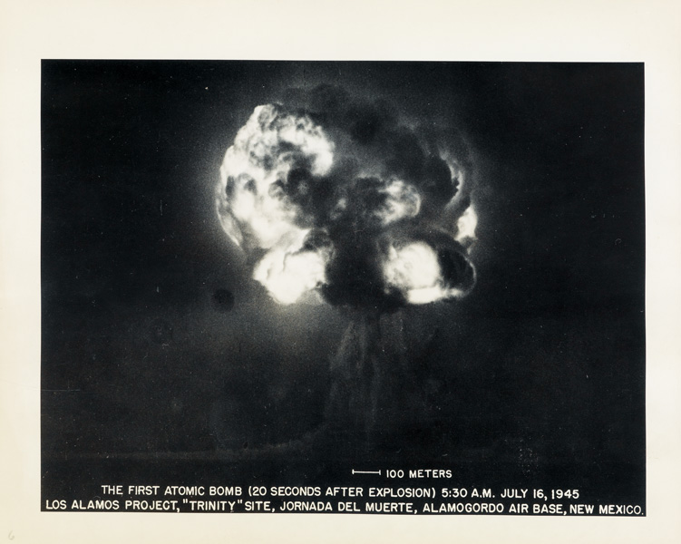 Series of eight photographs documenting the first detonation of a nuclear weapon at Los Alamos Laboratory, silver prints, 1945. 