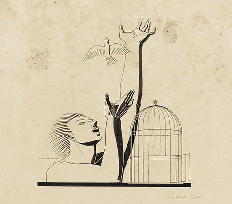 Lot 111, a detail of the headpiece illustration by Rockwell Kent for the broadside by The League of American Writers. The image features a man releasing a bird from its cage.