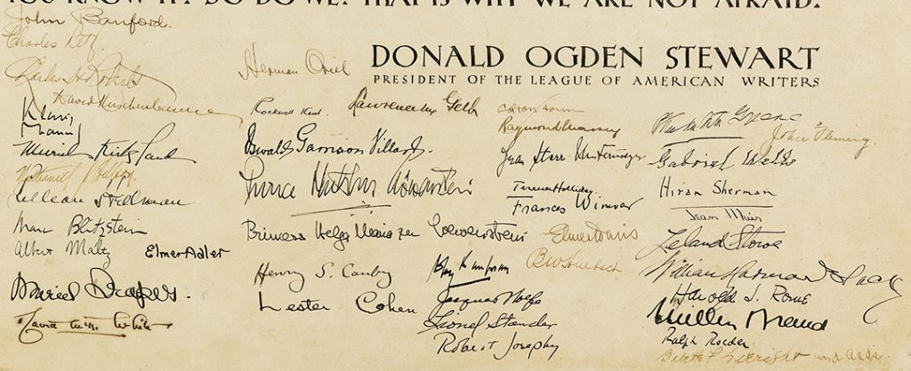 Lot 111, a close up image of the signatures of the members of The League of American Writers from the broadside: To All Fascists.