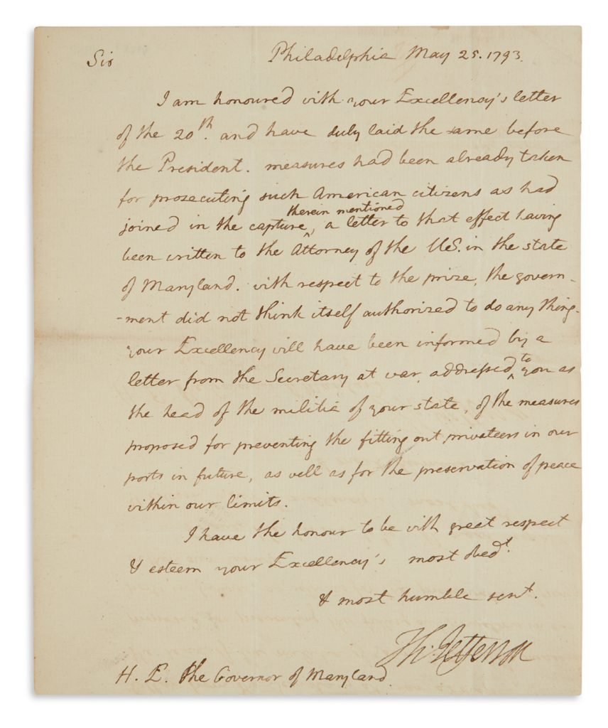 Lot 243, a letter from Thomas Jefferson when he was Secretary of State.