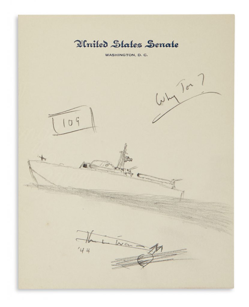 Lot 245, a sketch from John F. Kennedy on United States Senate stationery showing a rough sketch of a PT-109 boat.