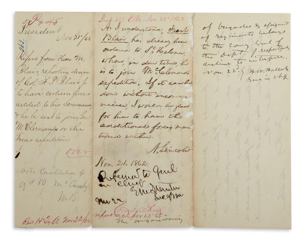 Lot 247, a letter endorsed by Abraham Lincoln granting additional forces to the Union army. 