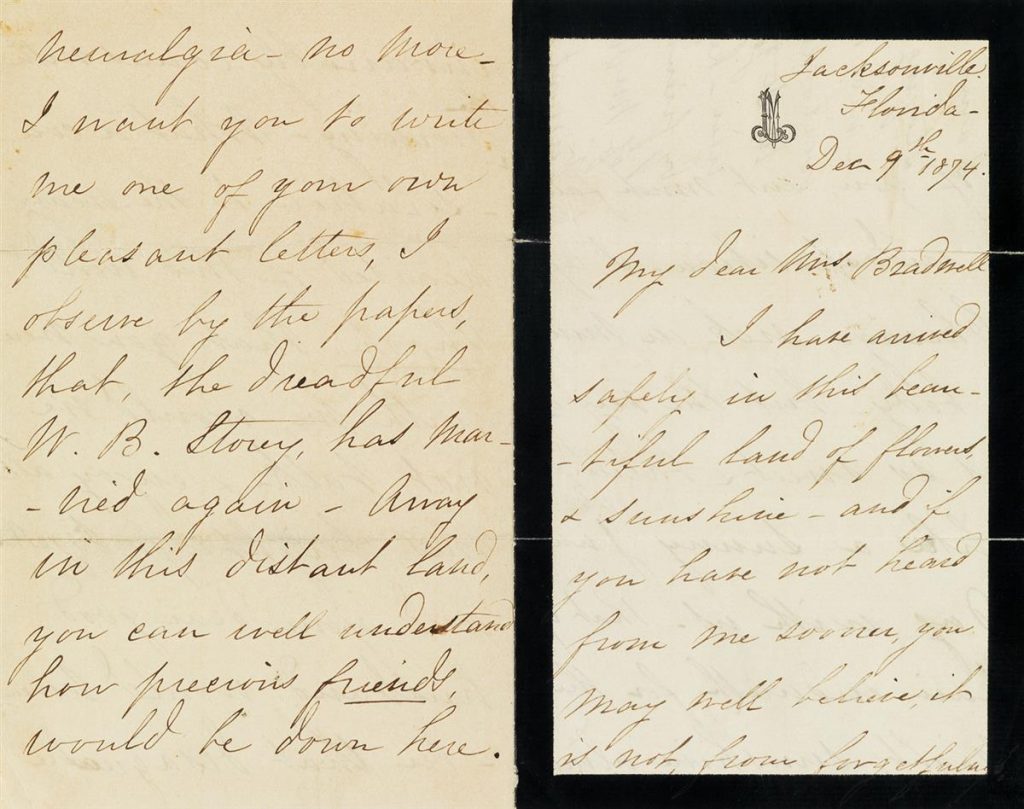 Lot 249, a letter from Mary Todd Lincoln on mourning stationery, written during her time in Florida.