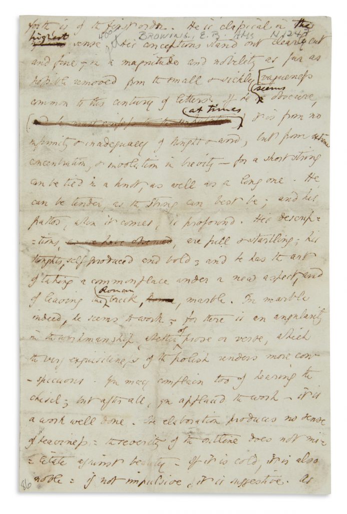 Lot 307, an autograph manuscript by Elizabeth Barrett Browning with a few holograph corrections. 