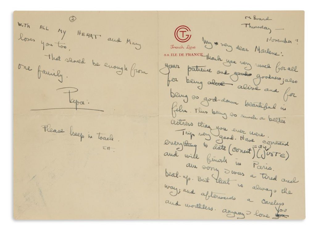 Lot 334, a letter written by Ernest Hemingway to actress Marlene Dietrich expressing his thanks. 